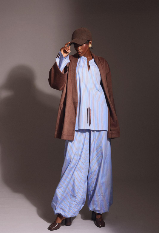 Striped Cotton & Brown Wool Jacket Three-Piece Set