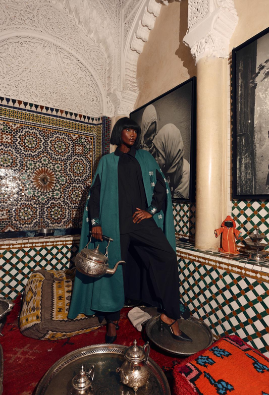 Cotton & Wool Green Cape Three-Piece Set