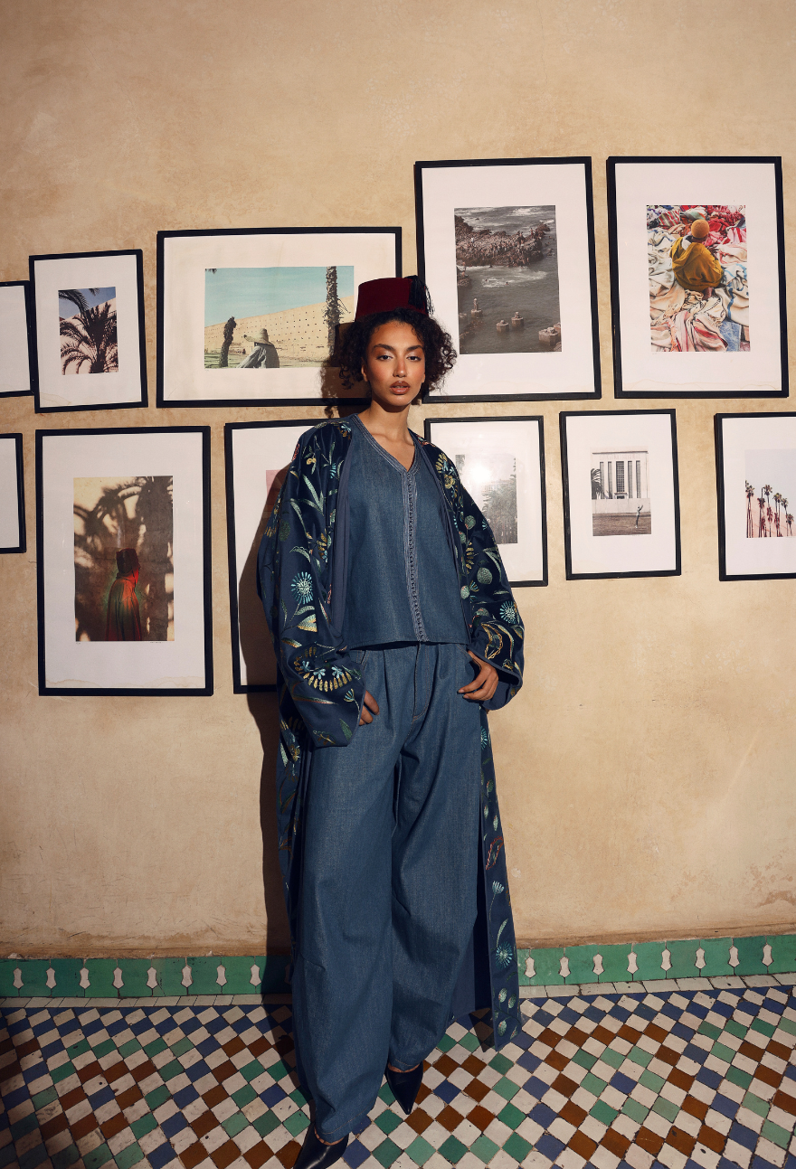 Denim & Embroidered Velvet Two-Piece Set